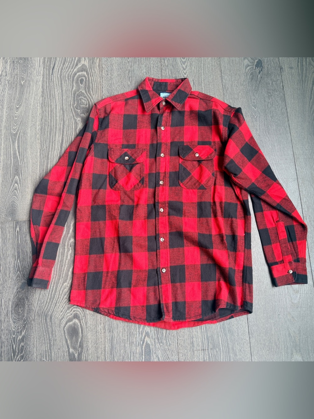 Fieldmaster Made in USA Black & Red Plaid Flannel Buttondown Size Large
